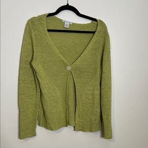 Green Women's Sweater spongy knit cardigan with one button v neck longsleeve